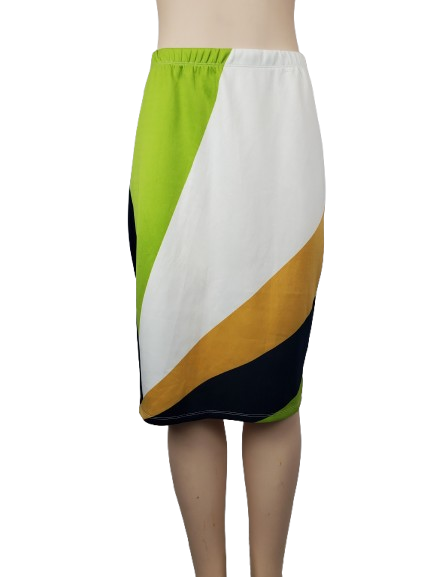 Color-blocked skirt with green, white, yellow, and black on a white background