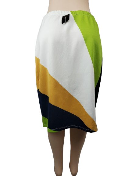 Color-blocked skirt with white, green, yellow, and black on a white background