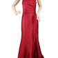 Red strapless gown on a mannequin against a white background