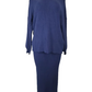 Navy blue knit set with turtleneck top and pencil skirt on a white background