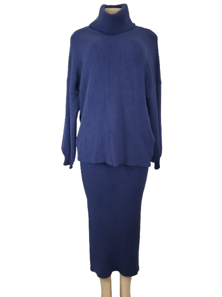 Navy blue knit set with turtleneck top and pencil skirt on a white background