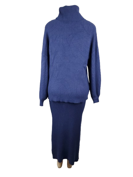 Blue ribbed sweater and skirt set on a white background