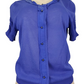Blue short-sleeve cardigan on a mannequin against a white background