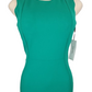 Green dress on a mannequin with a visible tag against a white background