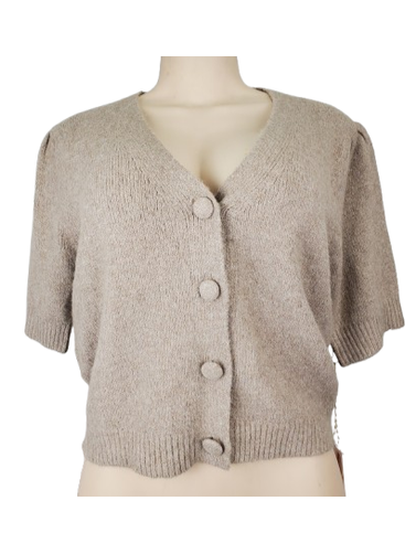 Beige knitted cardigan on a mannequin against a white background