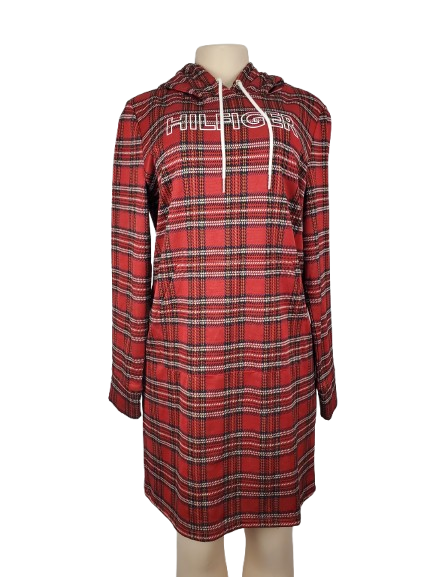 Red plaid dress with a brand logo on a mannequin against a white background