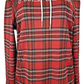 Red plaid hoodie dress with white drawstrings on a white background