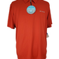 orange polo shirt with Columbia logo on a mannequin against a white background
