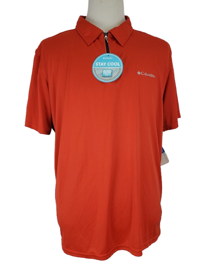 orange polo shirt with Columbia logo on a mannequin against a white background