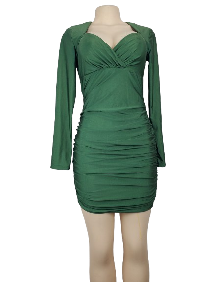 Green long sleeve bodycon mini dress with ruched detailing and sweetheart neckline