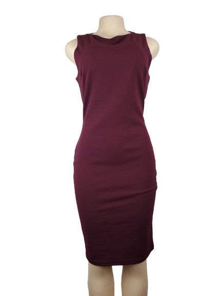 Maroon dress on a mannequin against a white background