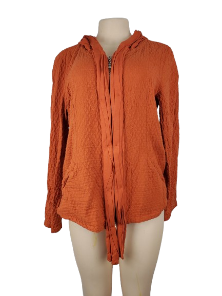 Women’s orange textured zip-up hoodie with tie detail and front pockets displayed on mannequin.