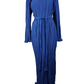 Royal blue pleated maxi dress with long sleeves and tie waist, elegant women’s evening gown