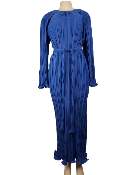 Royal blue pleated maxi dress with long sleeves and tie waist, elegant women’s evening gown