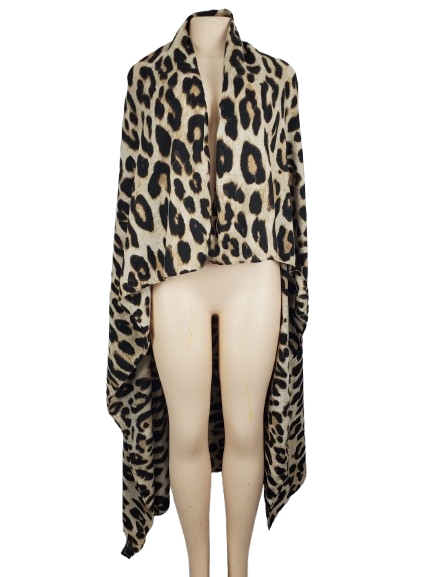 Leopard print shawl draped over a mannequin on a white background