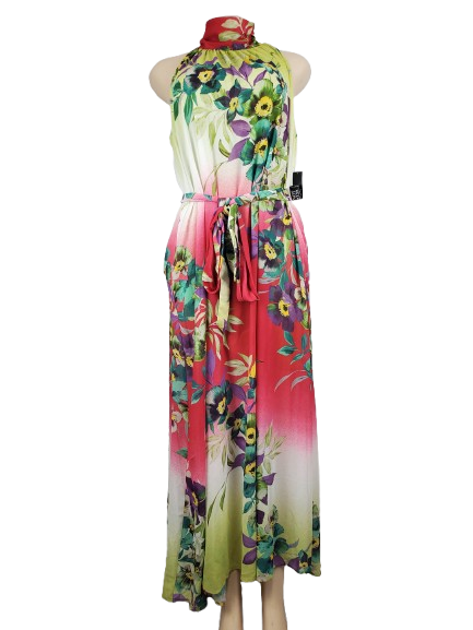 Colorful floral dress on a mannequin against a white background