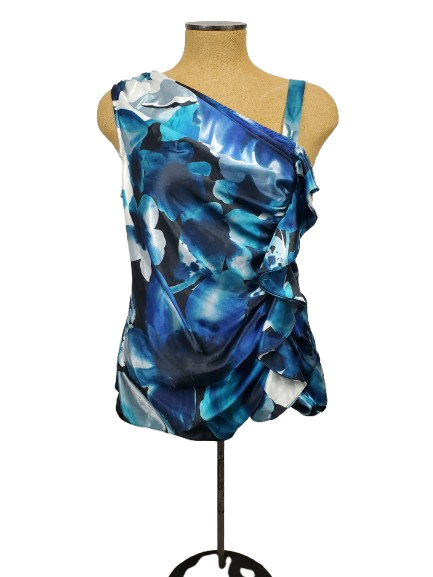 Blue floral one-shoulder dress on a mannequin against a white background