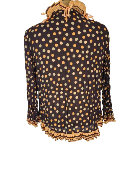 brown blouse with orange polka dot pattern and ruffled collar on a white background