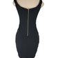 Black dress with a gold zipper on a mannequin against a white background