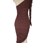 Brown one-shoulder dress on a mannequin against a white background