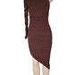 Brown one-shoulder dress on a mannequin against a white background