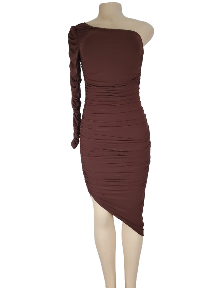 Brown one-shoulder dress on a mannequin against a white background