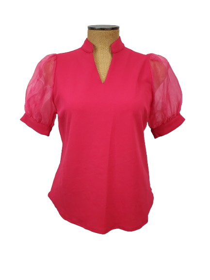 Pink blouse with sheer sleeves on a mannequin against a white background