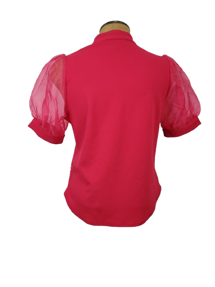 pink blouse with sheer sleeves on a white background