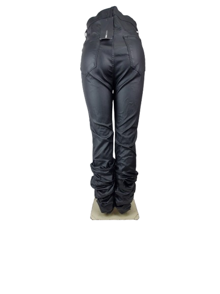 Black leather pants on a mannequin against a white background