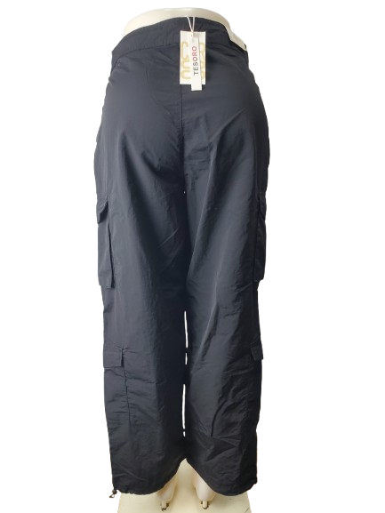 black pants on a white background with a visible brand tag.