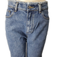 Blue jeans on a mannequin with a white background