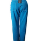 Blue pants with a tag on a white background