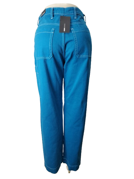 Blue pants with a tag on a white background