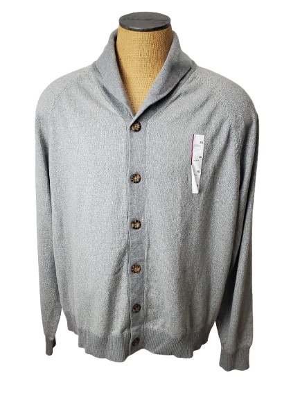 Gray cardigan on a mannequin with a white background