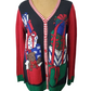 Colorful sweater with festive designs on a mannequin against a white background