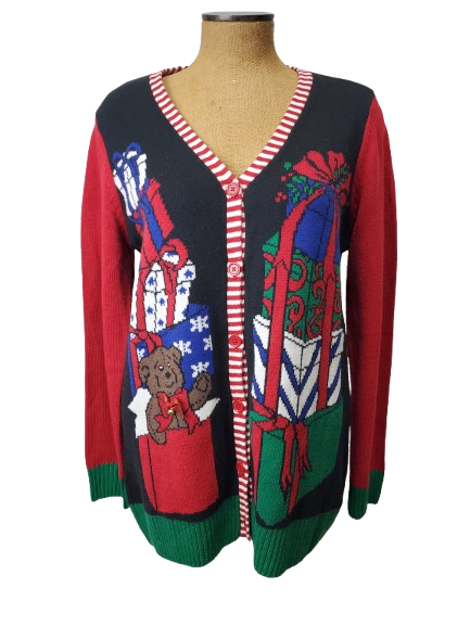 Colorful sweater with festive designs on a mannequin against a white background