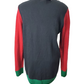 Sweater with red sleeves and green hem on a white background