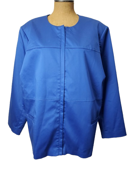 Blue jacket on a mannequin against a white background