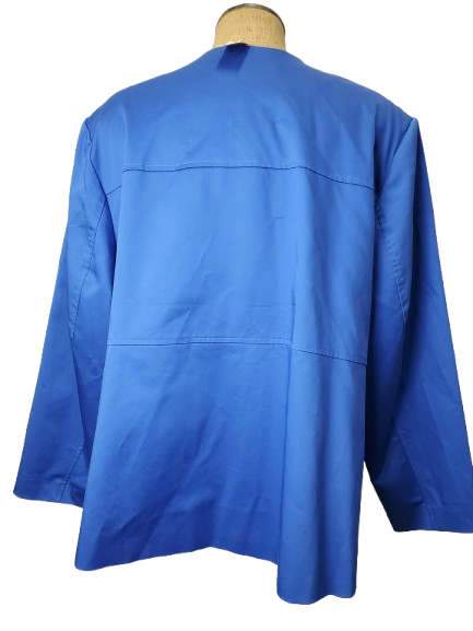 Blue jacket on a mannequin against a white background