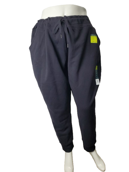 black or gray jogger pants with patches on a white background