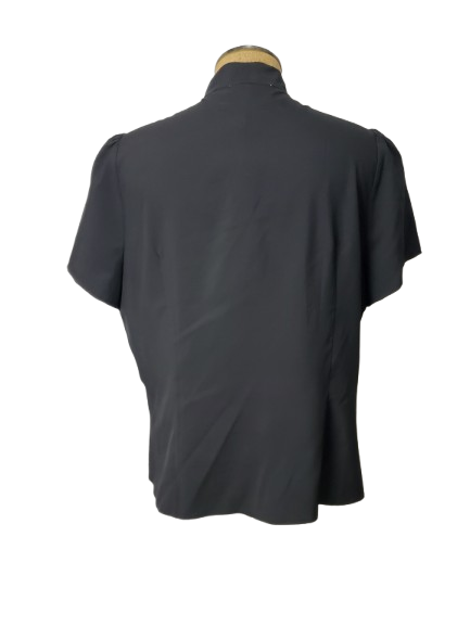 Black short-sleeve shirt on a mannequin against a white background