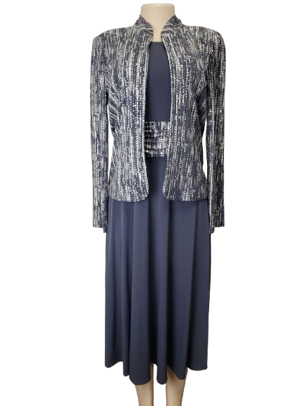 gray dress with a patterned jacket on a mannequin against a white background