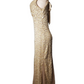 Beige halter neck dress on a mannequin against a white background