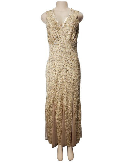 Beige floral dress on a mannequin against a white background