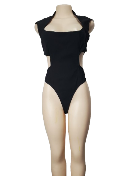 Black bodysuit on a mannequin against a white background