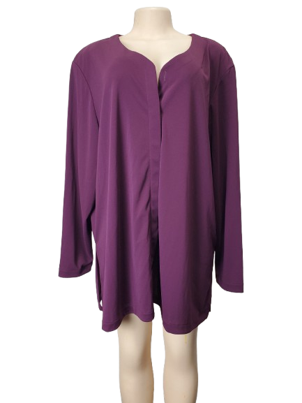 Purple long-sleeve top on a mannequin against a white background