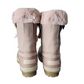 Pair of pink winter boots with fur trim on a white background