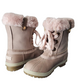 Pair of pink winter boots with fur trim on a white background