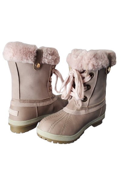 Pair of pink winter boots with fur trim on a white background