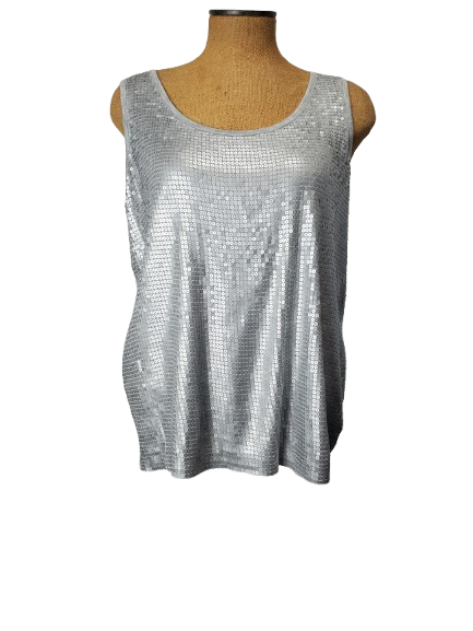 Silver sequin tank top on a mannequin against a white background